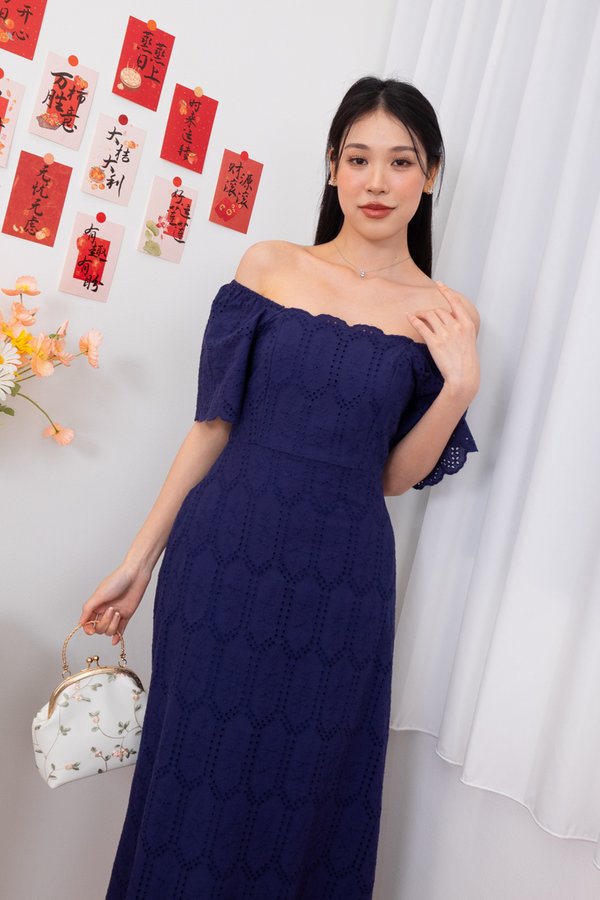 Fionn Eyelet Scallop Flutter Sleeves Midi Dress in Navy