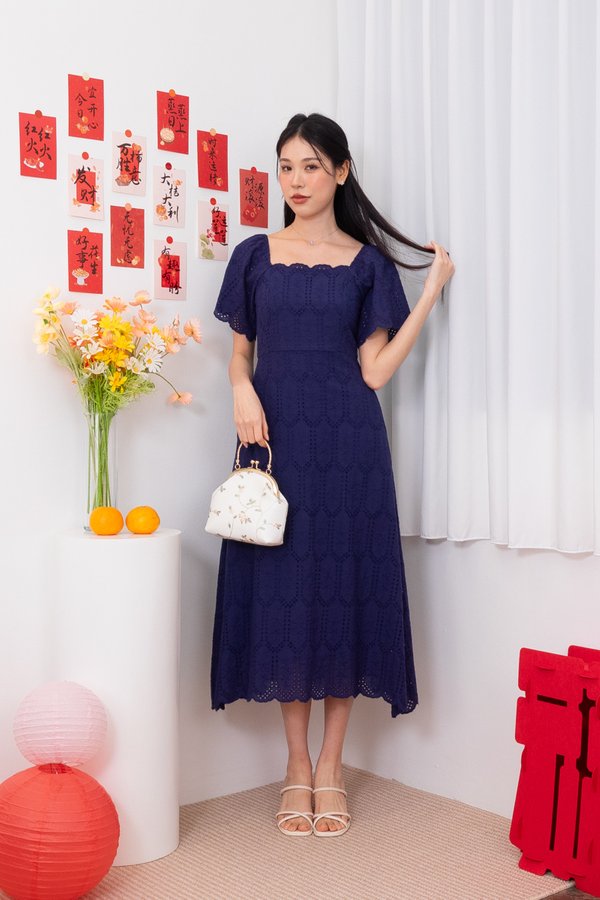 Fionn Eyelet Scallop Flutter Sleeves Midi Dress in Navy