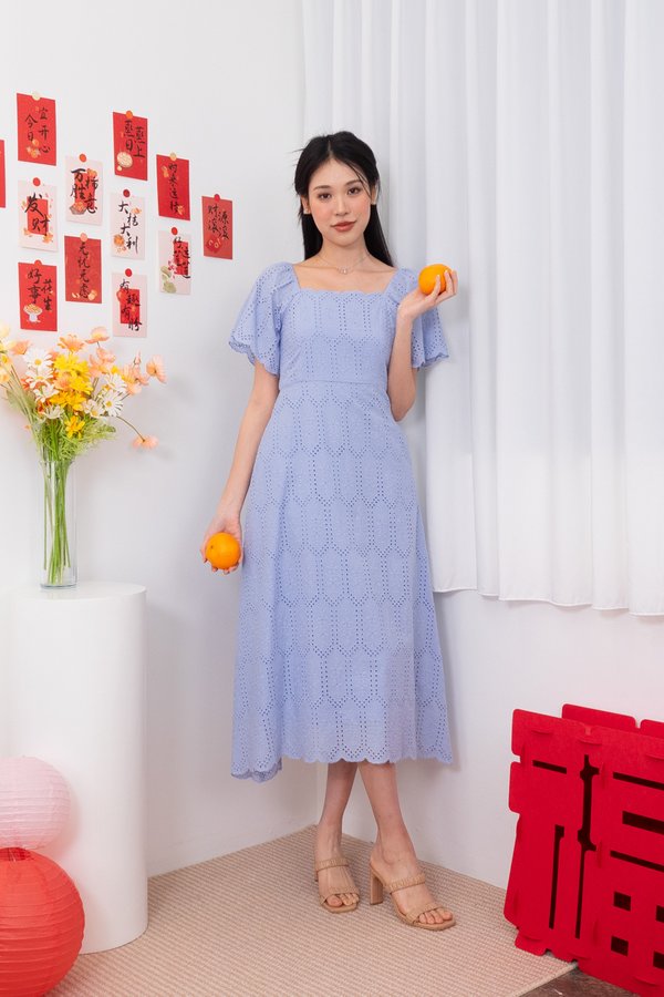 Fionn Eyelet Scallop Flutter Sleeves Midi Dress in Powder Blue