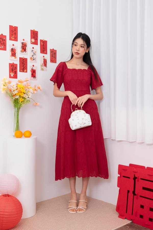 Fionn Eyelet Scallop Flutter Sleeves Midi Dress in Wine Red