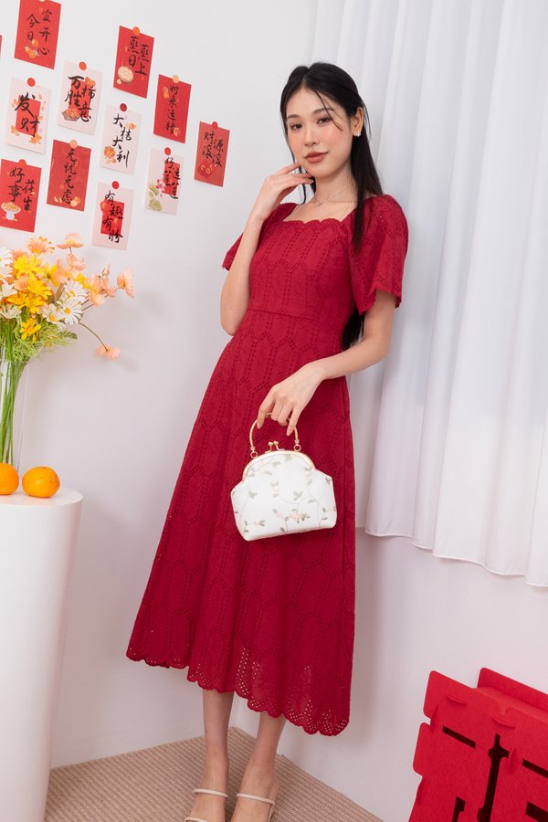 Fionn Eyelet Scallop Flutter Sleeves Midi Dress in Wine Red