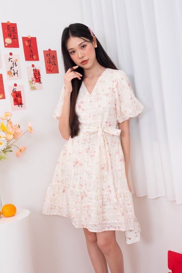 Gazelle Lattice Print Puffy Sleeve Babydoll Dress in Rose Pink Florals