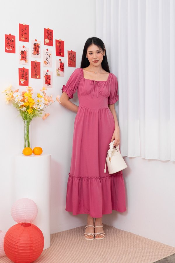Madeline Puffy Sleeves Ruched Tie Frill Maxi Dress in Rouge Pink
