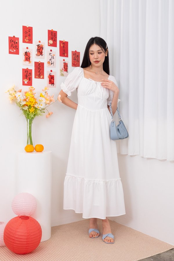 Madeline Puffy Sleeves Ruched Tie Frill Maxi Dress in White