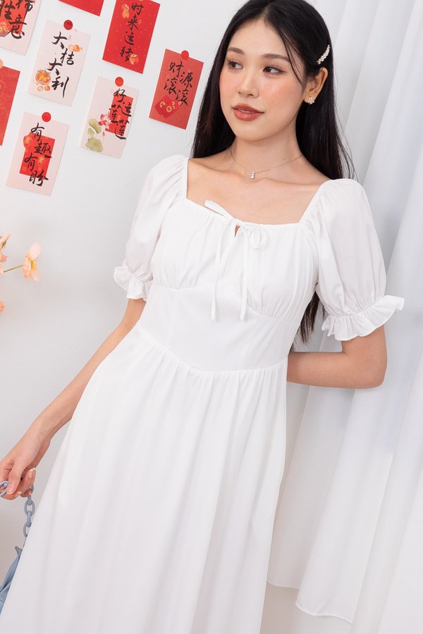 Madeline Puffy Sleeves Ruched Tie Frill Maxi Dress in White