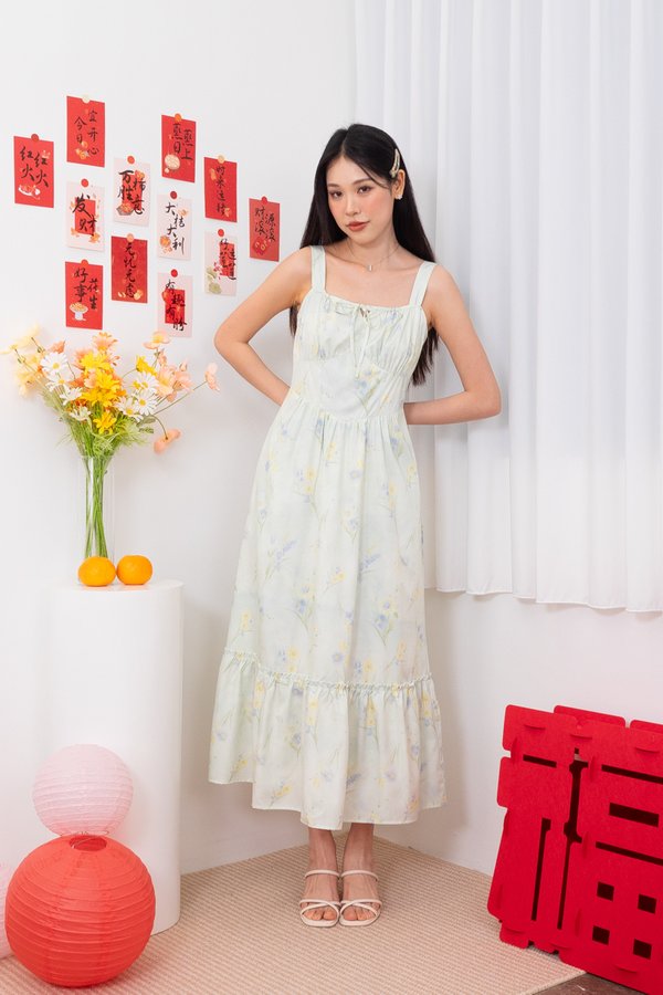 Phylicia Ruched Tie Frill Maxi Dress in Green Spring Symphony
