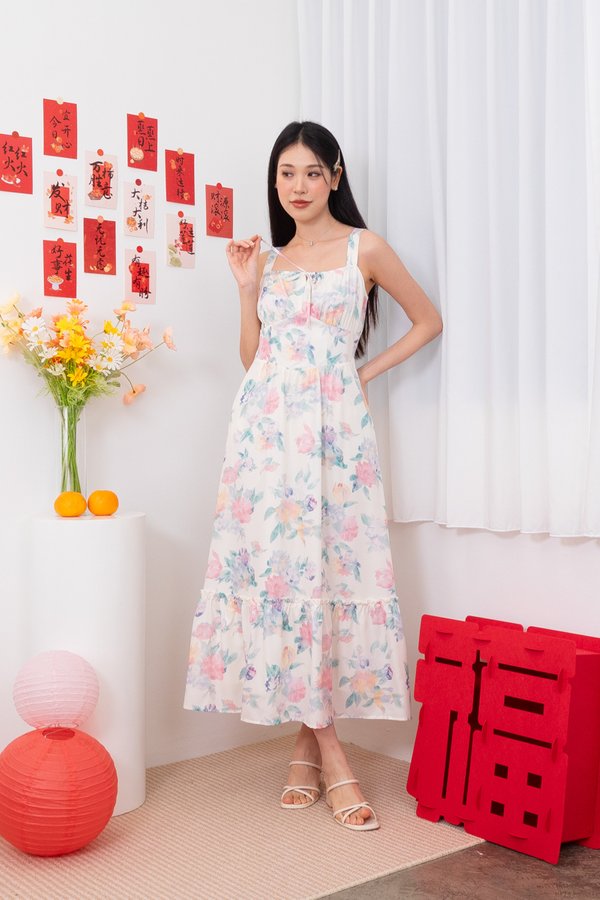 Phylicia Ruched Tie Frill Maxi Dress in Pink Blossom Perfection