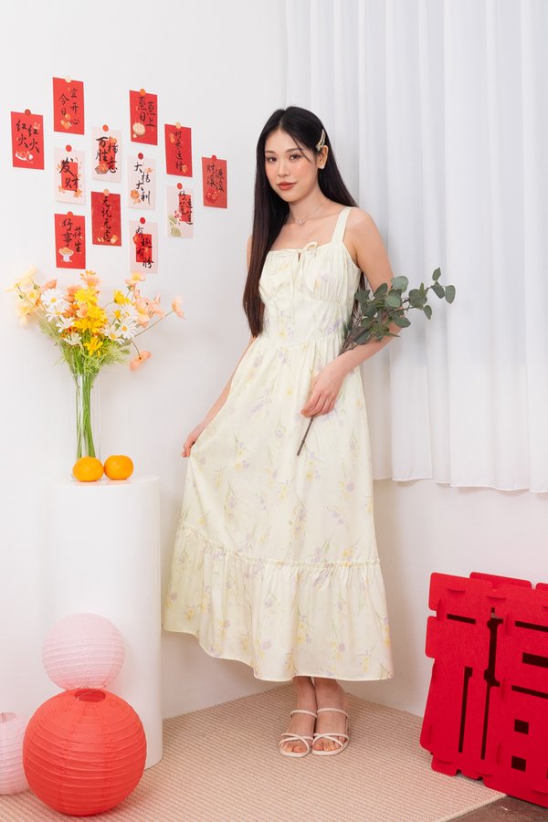 Phylicia Ruched Tie Frill Maxi Dress in Yellow Meadows