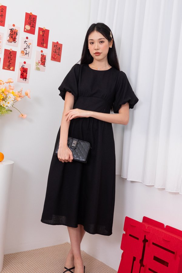 Shanton Tweed Puffy Sleeves Waistband Midi Dress in Black