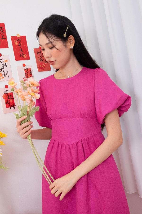 Shanton Tweed Puffy Sleeves Waistband Midi Dress in Hot Pink