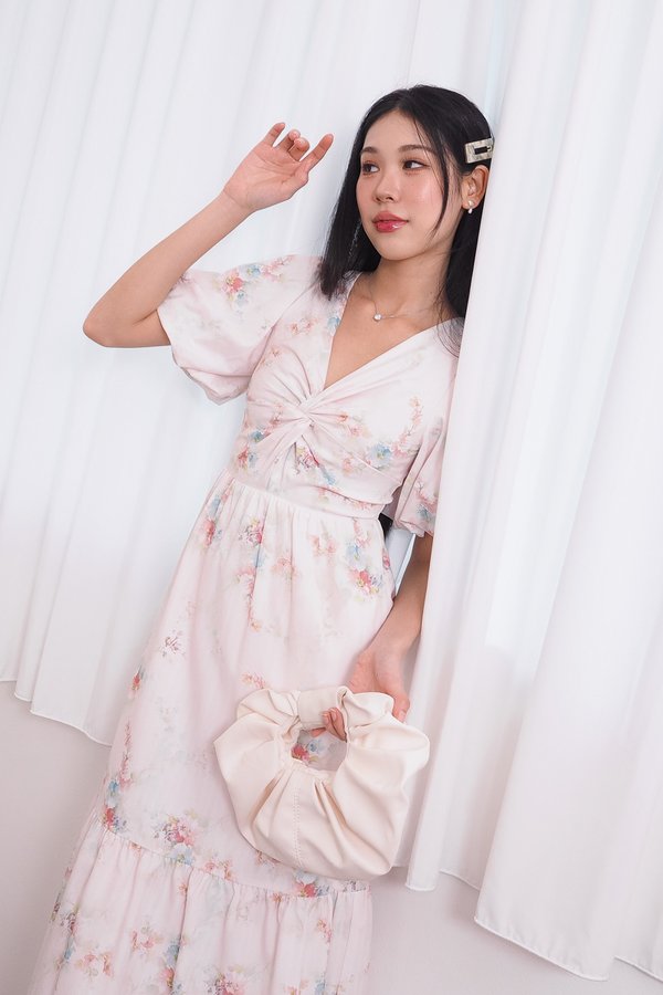 Averia Puffy Sleeve Knot Midi Dress in Pink Fleur