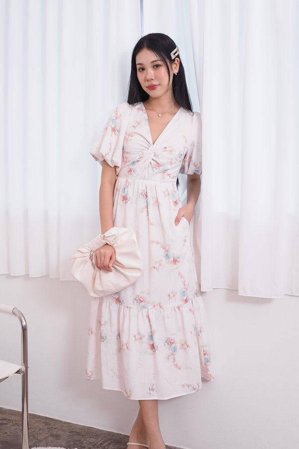 Averia Puffy Sleeve Knot Midi Dress in Pink Fleur