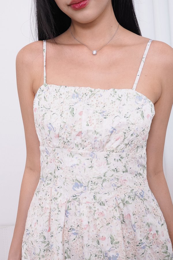 Brittany Spag Ruched V Waist Midi Dress in Pink Cream Eyelet