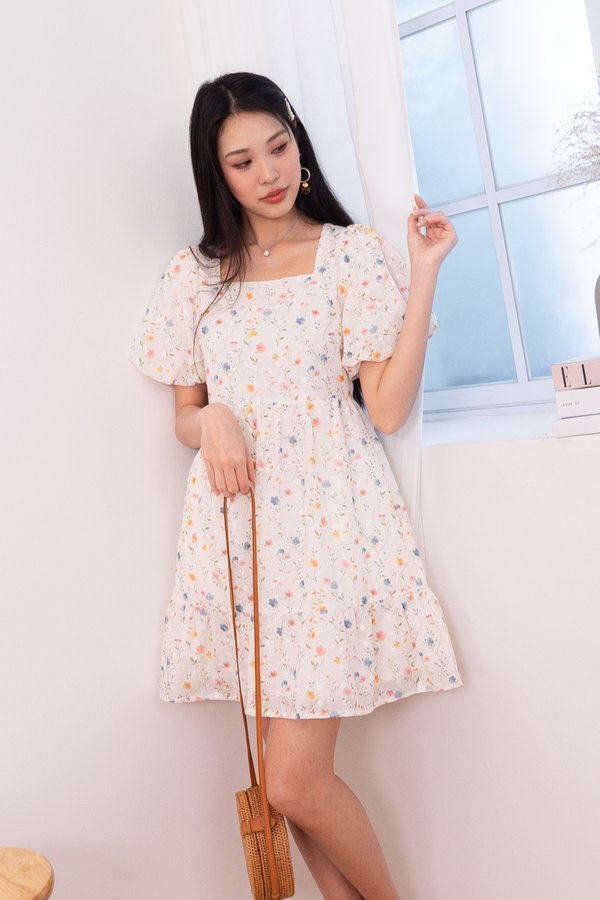 Danielle Embroidery Puffy Sleeve Square Neck Peplum Babydoll Dress in Floral Cream