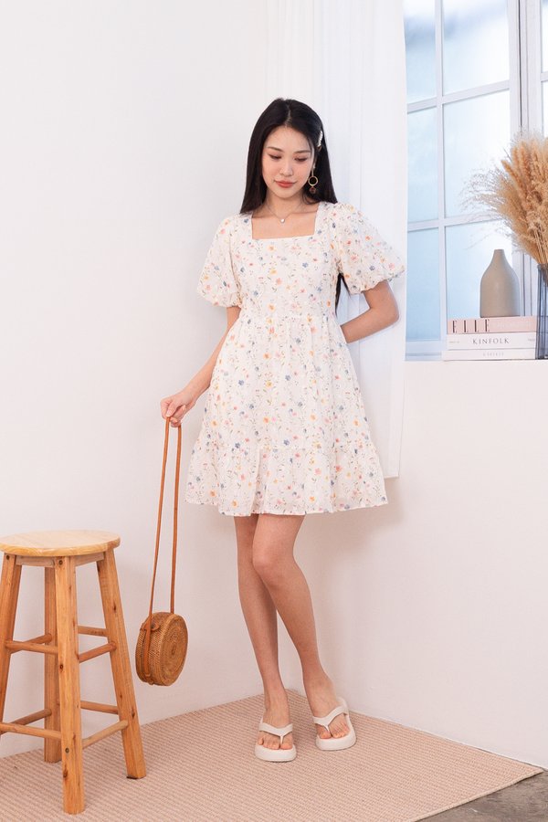 Danielle Embroidery Puffy Sleeve Square Neck Peplum Babydoll Dress in Floral Cream