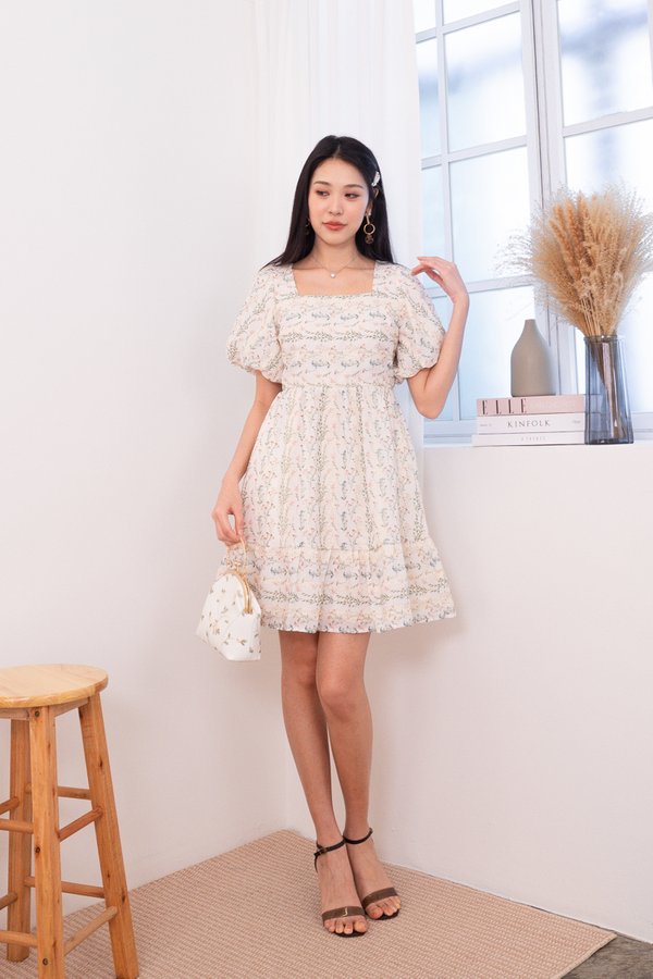 Danielle Embroidery Puffy Sleeve Square Neck Peplum Babydoll Dress in Lattice Pink