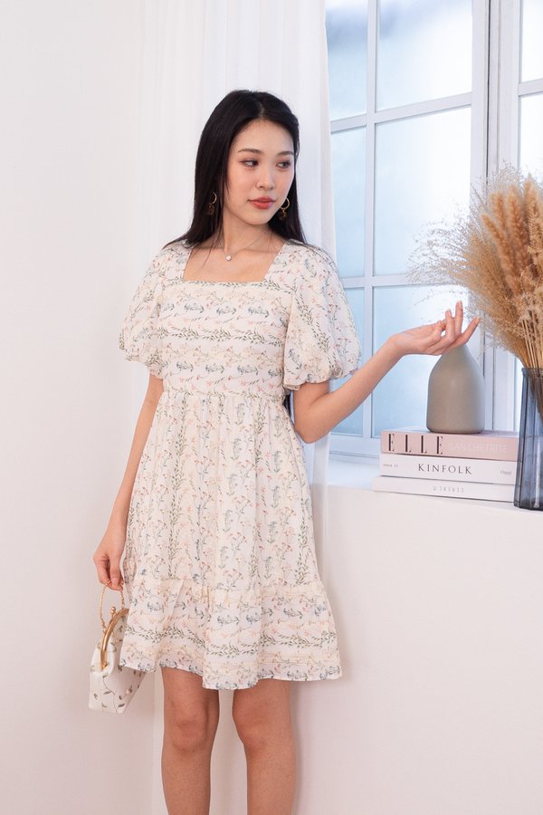 Danielle Embroidery Puffy Sleeve Square Neck Peplum Babydoll Dress in Lattice Pink