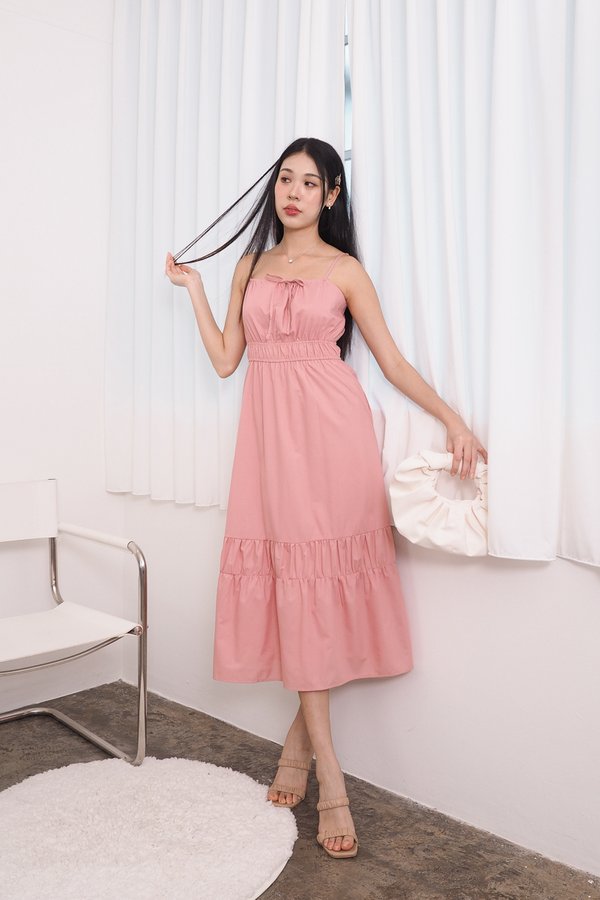 Sabrina Spag Ruched Tie Midi Dress in Salmon Pink