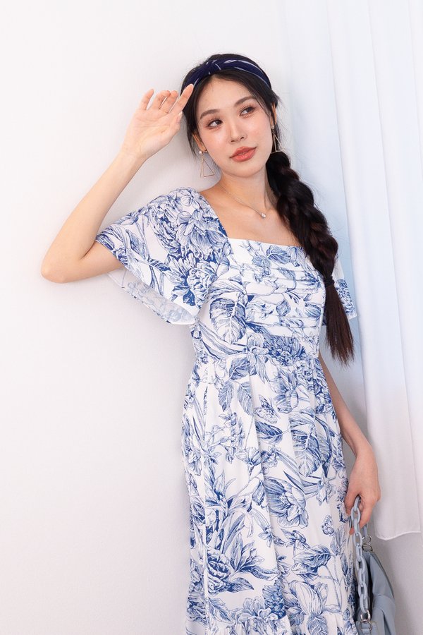 Courtney Flutter Sleeves Maxi Dress in Navy Toile