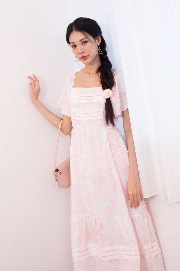 Courtney Flutter Sleeves Maxi Dress in Pink Toile