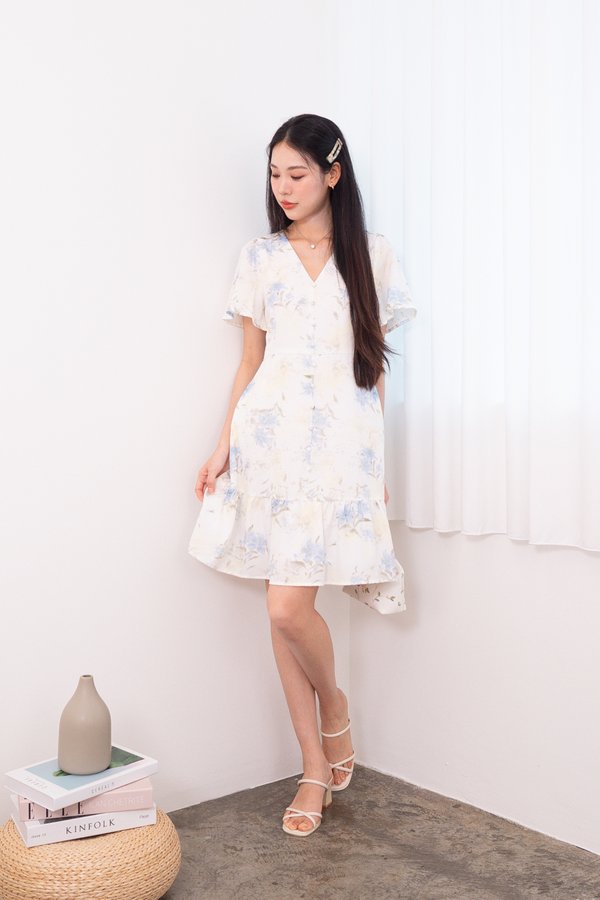 Jess Floral Flutter Sleeves Babydoll Dress in Blue