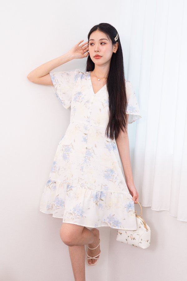 Jess Floral Flutter Sleeves Babydoll Dress in Blue