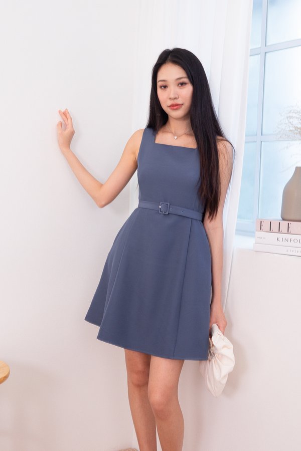 Skyler Square Neck Aline Dress in Steel Blue