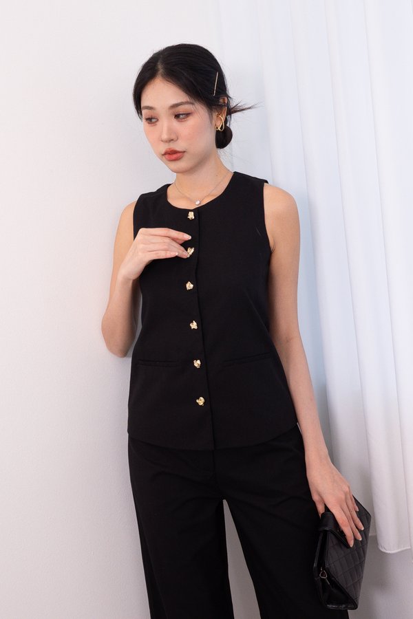Sutton Buttons Down Vest Top in Black