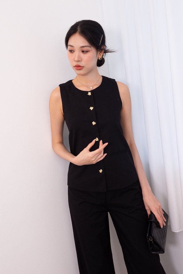 Sutton Buttons Down Vest Top in Black