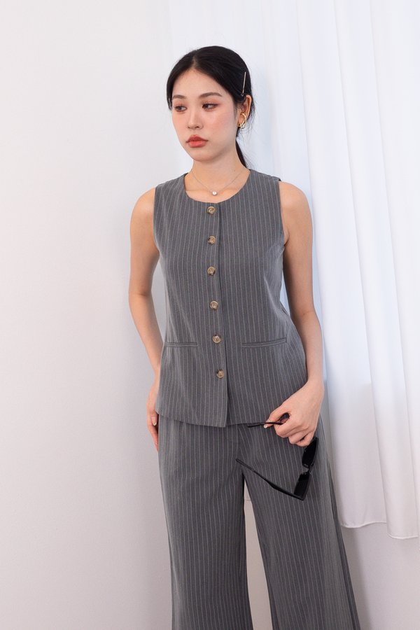 Sutton Buttons Down Vest Top in Grey Pinstripes