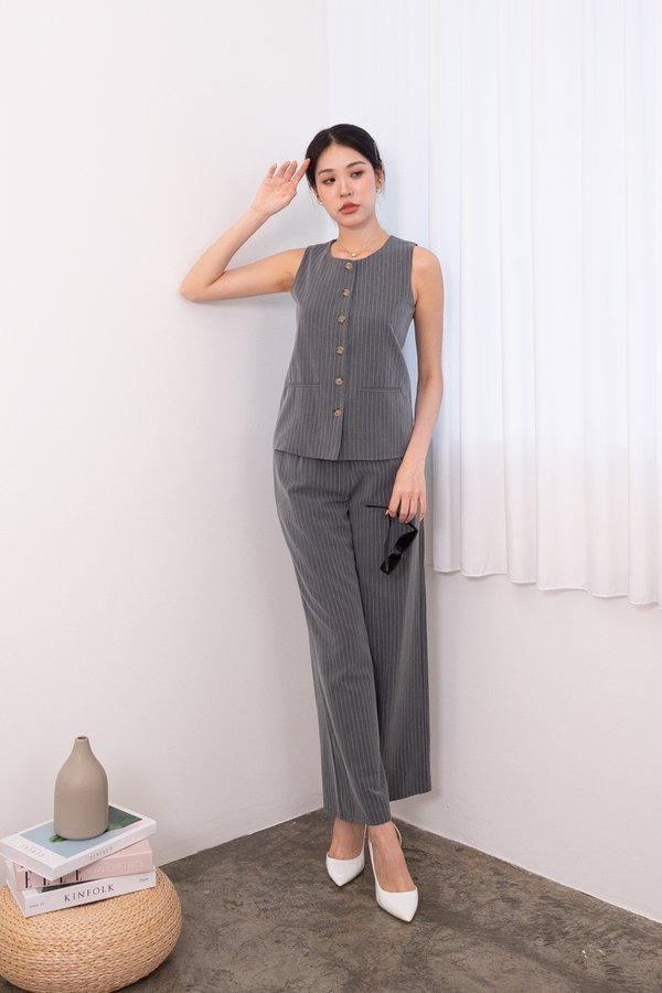Sutton Buttons Down Vest Top in Grey Pinstripes