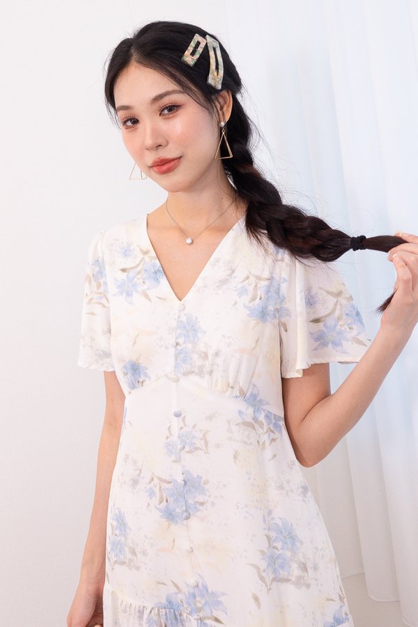 Jessica Floral Flutter Sleeves Peplum Midi Dress in Blue