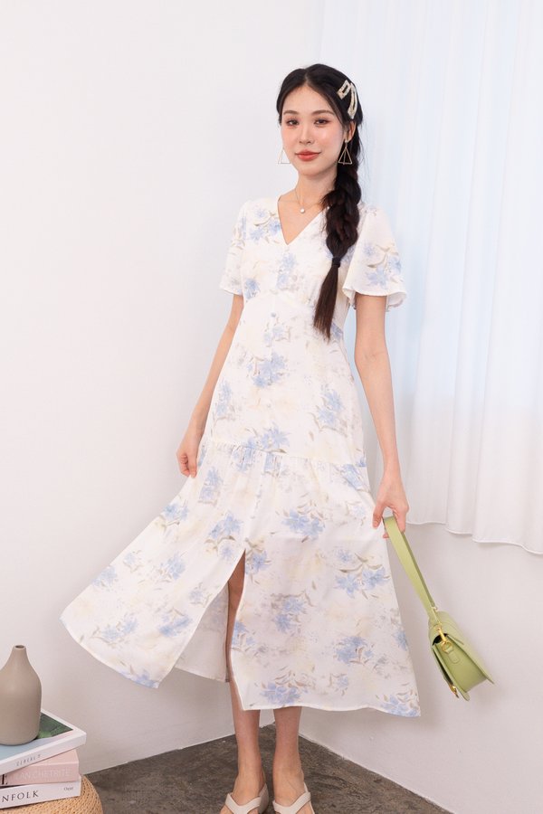 Jessica Floral Flutter Sleeves Peplum Midi Dress in Blue