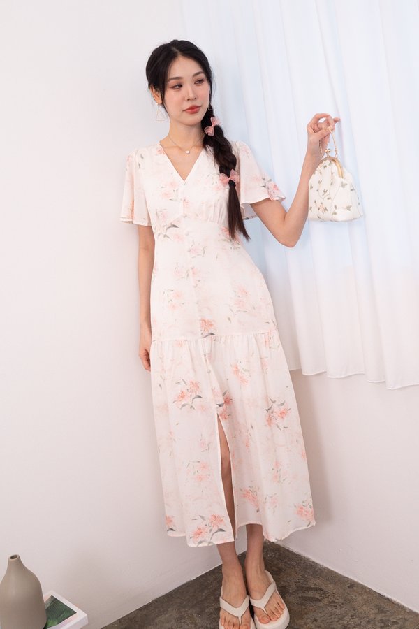 Jessica Floral Flutter Sleeves Peplum Midi Dress in Peach Pink