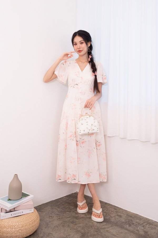 Jessica Floral Flutter Sleeves Peplum Midi Dress in Peach Pink