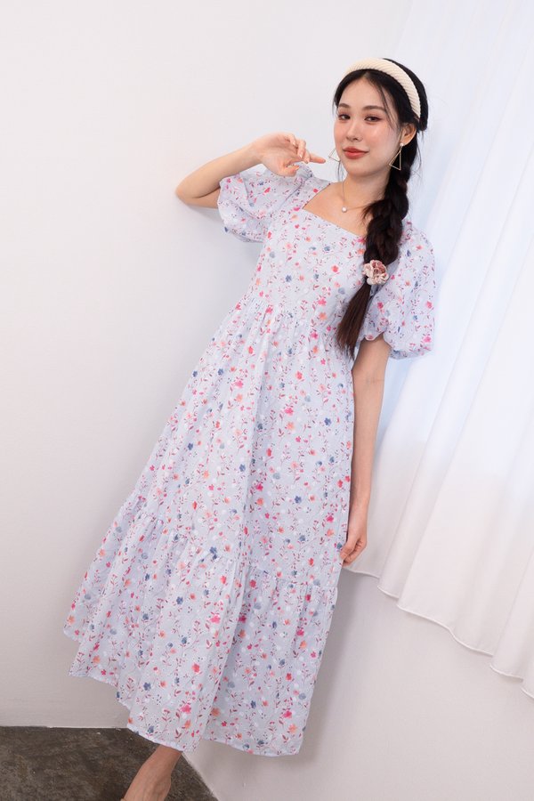 Sanya Embroidery Square Neck Maxi Dress in Floral Blue