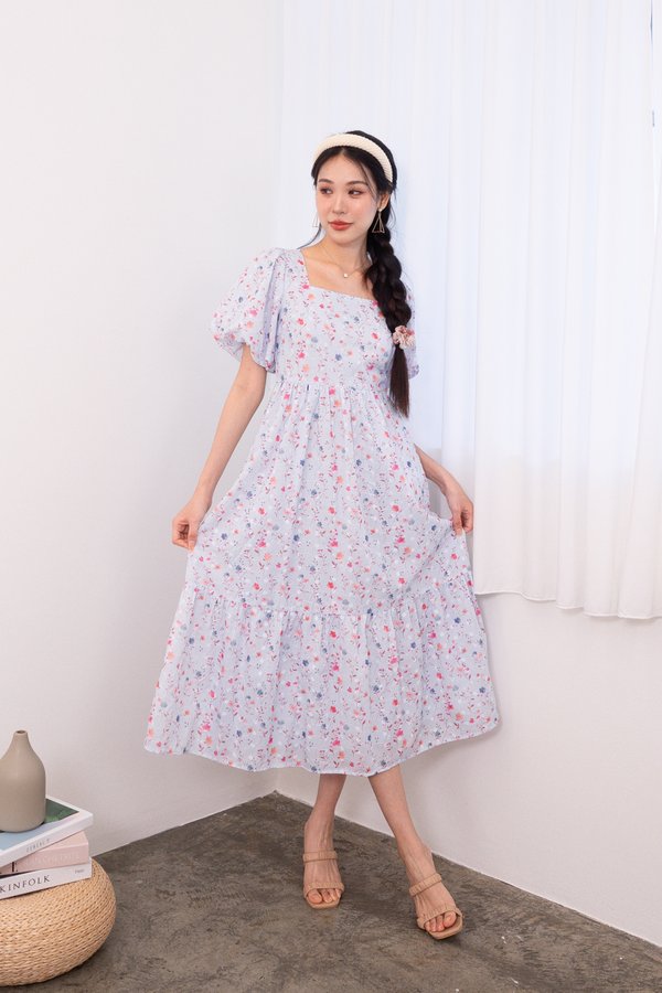 Sanya Embroidery Square Neck Maxi Dress in Floral Blue