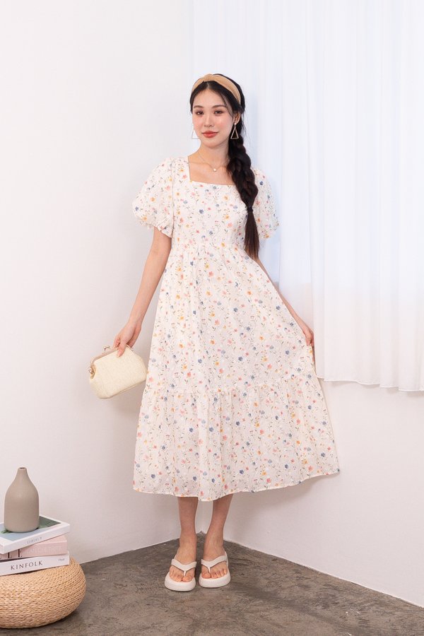 Sanya Embroidery Square Neck Maxi Dress in Floral Cream