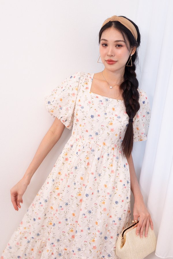 Sanya Embroidery Square Neck Maxi Dress in Floral Cream