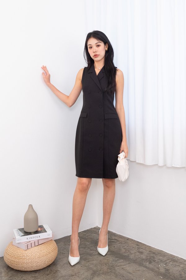 Trinity Double Breasted Buttons Down Trench Dress in Black