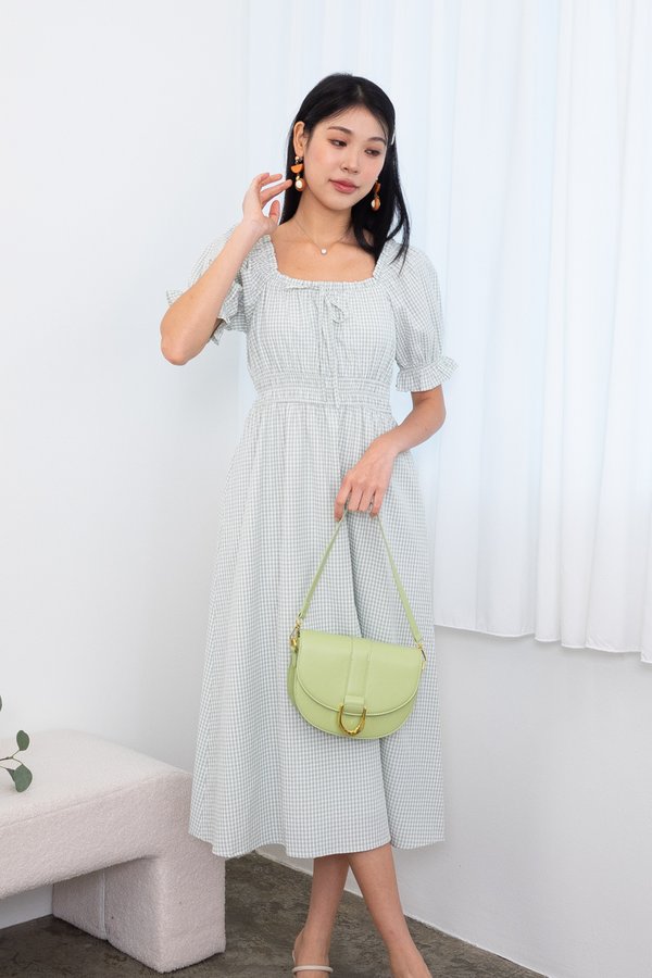 *PREORDER* Aniston Puffy Sleeves Frills Ruched Midi Dress in Dusty Green Gingham