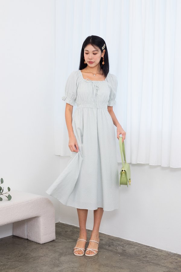 *PREORDER* Aniston Puffy Sleeves Frills Ruched Midi Dress in Dusty Green Gingham