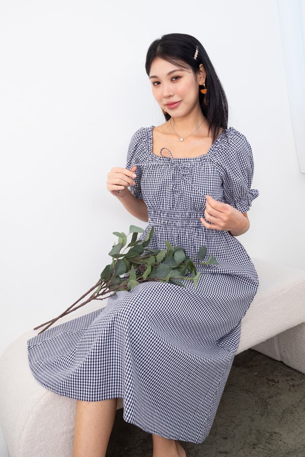 *PREORDER* Aniston Puffy Sleeves Frills Ruched Midi Dress in Navy Gingham