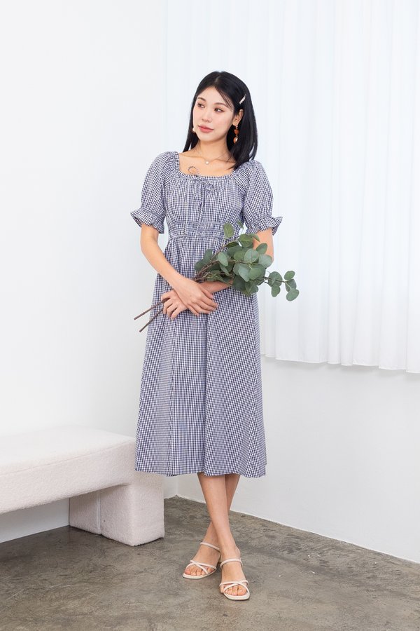 *PREORDER* Aniston Puffy Sleeves Frills Ruched Midi Dress in Navy Gingham
