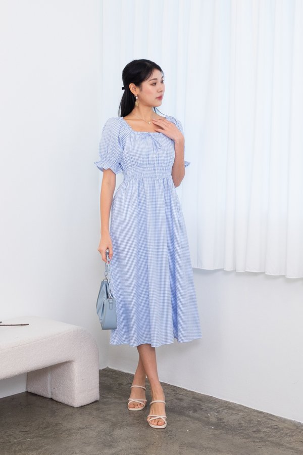 *PREORDER* Aniston Puffy Sleeves Frills Ruched Midi Dress in Powder Blue Gingham