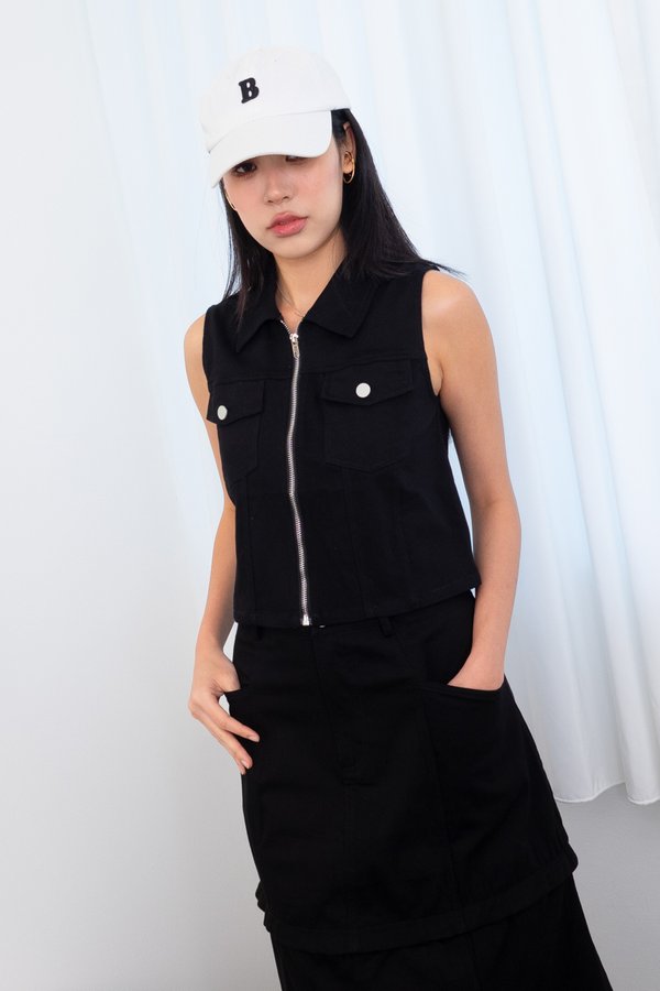 Benno Zip Up Denim Top in Black