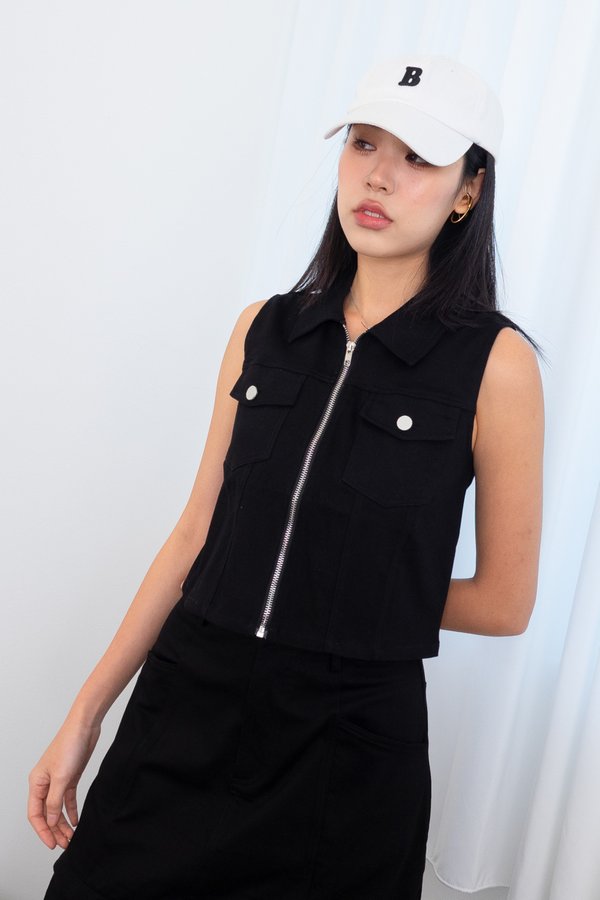 Benno Zip Up Denim Top in Black
