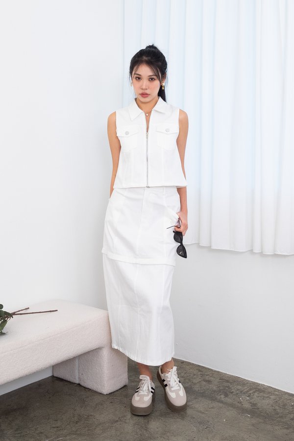 Benno Zip Up Denim Top in White