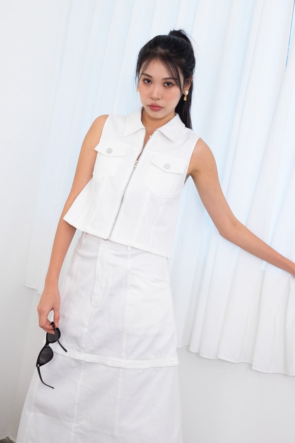 Benno Zip Up Denim Top in White