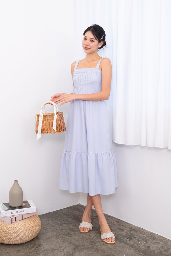 Breeda Pin Tuck Lattice Midi Dress in Powder Blue